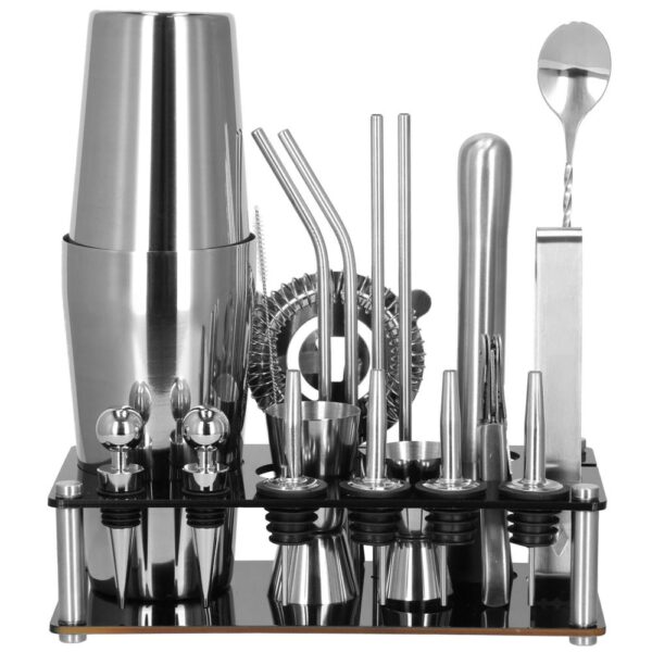 Set barman 14 piese din inox, cu shaker 750 ml, dozatoare, ustensile si suport, pentru cocktailuri, gri - imagine 14
