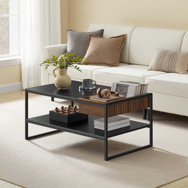 VASAGLE Masuta cafea cu sertar si raft inferior, structura otel, 100x55x45 cm, negru - imagine 2