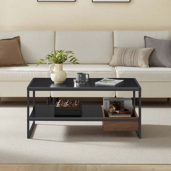 VASAGLE Masuta cafea cu sertar si raft inferior, structura otel, 100x55x45 cm, negru - imagine 3