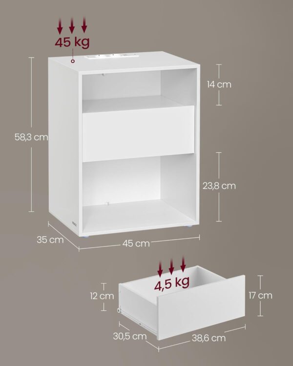 VASAGLE Set 2 noptiere cu porturi USB si prize, sertar si rafturi deschise, 45x35x58 cm, alb mat - imagine 3