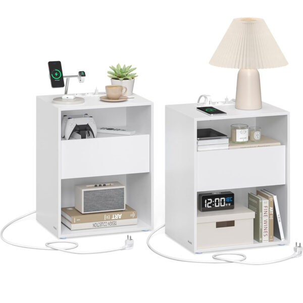 VASAGLE Set 2 noptiere cu porturi USB si prize, sertar si rafturi deschise, 45x35x58 cm, alb mat - imagine 2