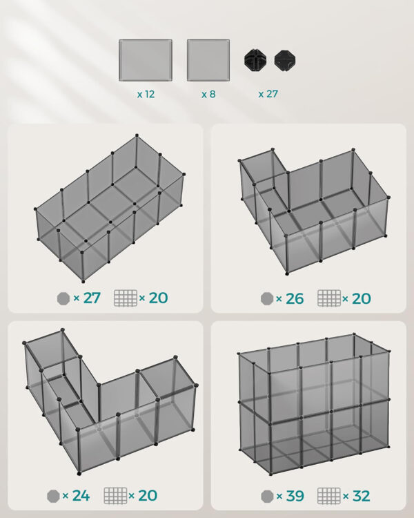 SONGMICS Tarc modular pentru animale mici, ABS, configurabil, 125x63x42 cm, gri - imagine 7