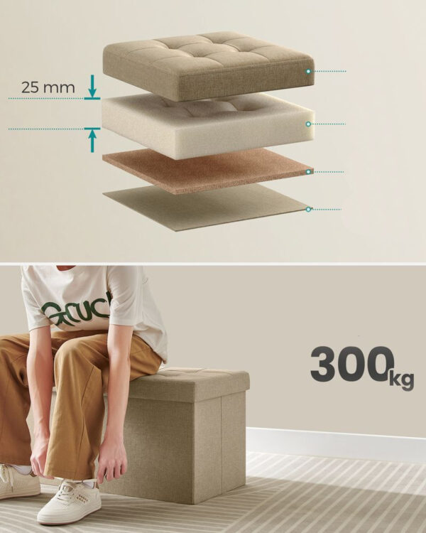 SONGMICS Bancuta pliabila cu spatiu de depozitare, 89 litri, textil tip in si MDF, 76x38x38 cm, maro - imagine 2