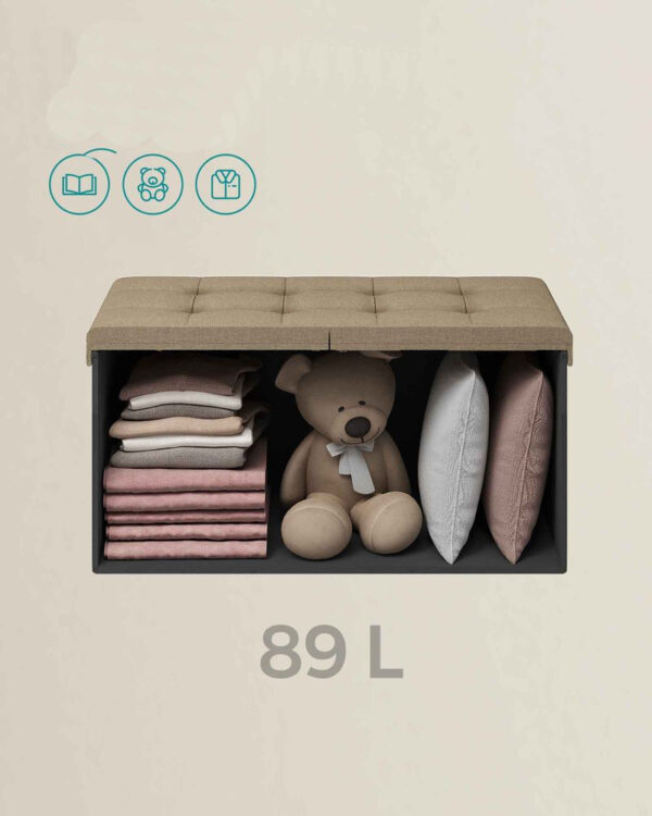 SONGMICS Bancuta pliabila cu spatiu de depozitare, 89 litri, textil tip in si MDF, 76x38x38 cm, maro - imagine 3