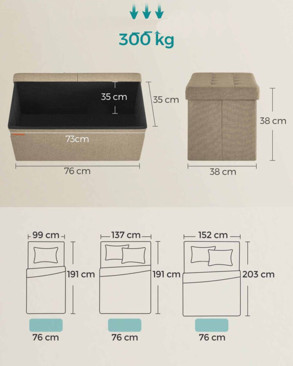 SONGMICS Bancuta pliabila cu spatiu de depozitare, 89 litri, textil tip in si MDF, 76x38x38 cm, maro - imagine 4