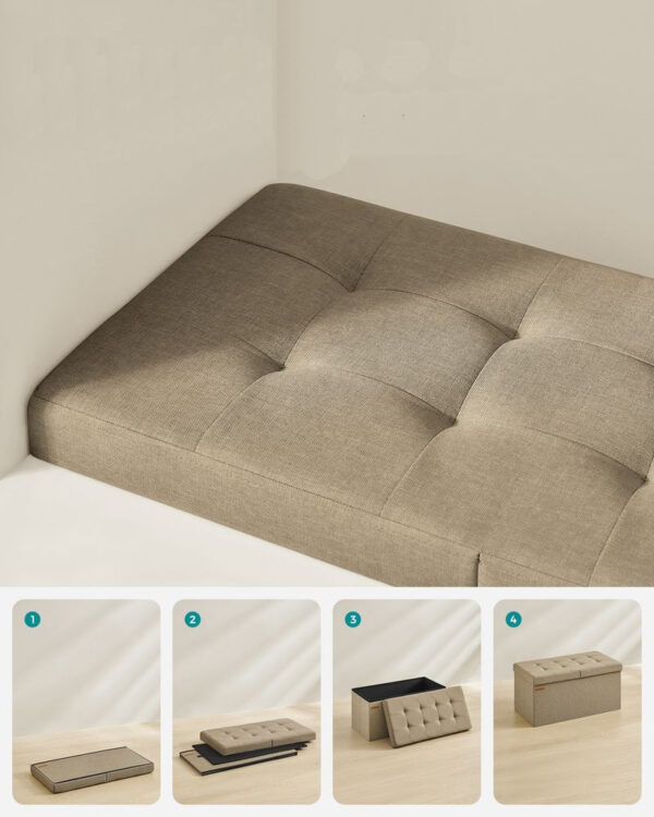 SONGMICS Bancuta pliabila cu spatiu de depozitare, 89 litri, textil tip in si MDF, 76x38x38 cm, maro - imagine 5