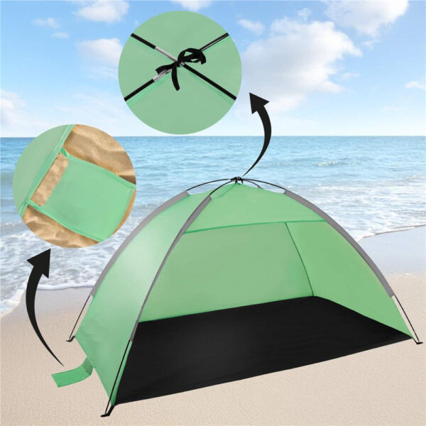 Cort plaja XXL semi-inchis cu protectie UV, podea izolanta, 210x120x112 cm, verde - imagine 13