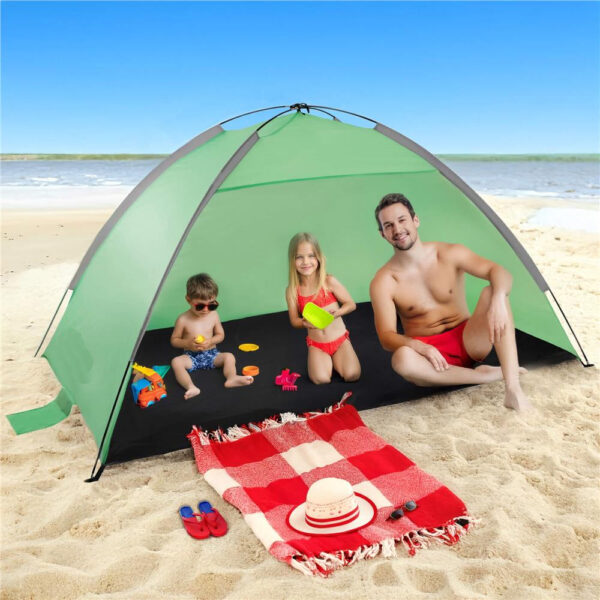 Cort plaja XXL semi-inchis cu protectie UV, podea izolanta, 210x120x112 cm, verde - imagine 14