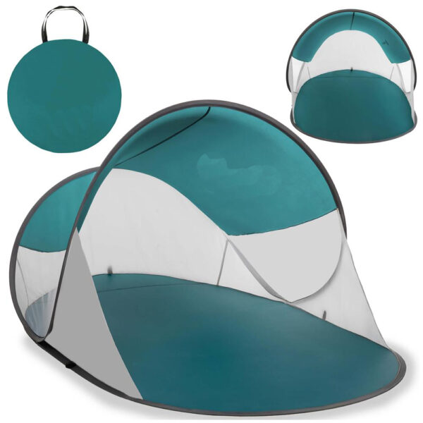 Cort plaja autoexpansibil POP-UP cu protectie UV, podea izolanta si husa transport, 190x120x100 cm, turcoaz si gri - imagine 2
