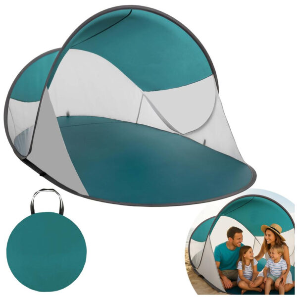 Cort plaja autoexpansibil POP-UP cu protectie UV, podea izolanta si husa transport, 190x120x100 cm, turcoaz si gri - imagine 11