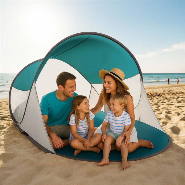 Cort plaja autoexpansibil POP-UP cu protectie UV, podea izolanta si husa transport, 190x120x100 cm, turcoaz si gri - imagine 16