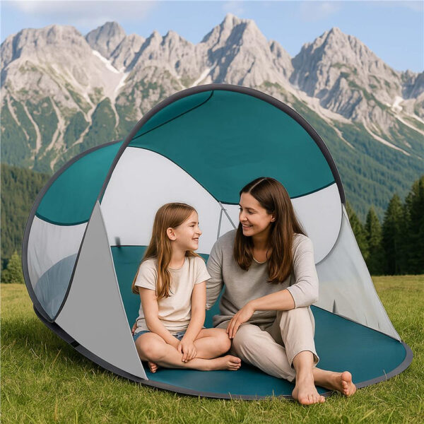 Cort plaja autoexpansibil POP-UP cu protectie UV, podea izolanta si husa transport, 190x120x100 cm, turcoaz si gri - imagine 17