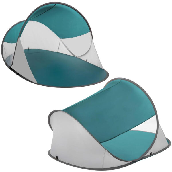 Cort plaja autoexpansibil POP-UP cu protectie UV, podea izolanta si husa transport, 190x120x100 cm, turcoaz si gri - imagine 10