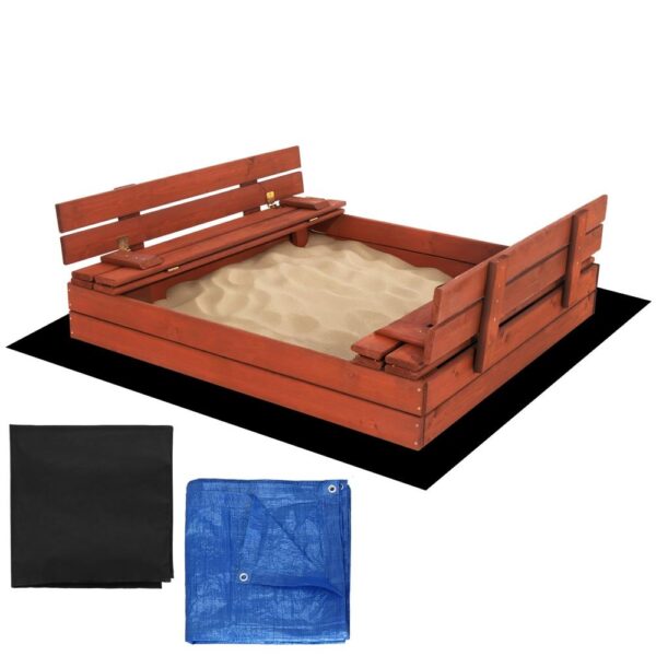 Lada nisip din lemn pliabila cu capac si bancute, 120x120x41 cm, maro - imagine 2