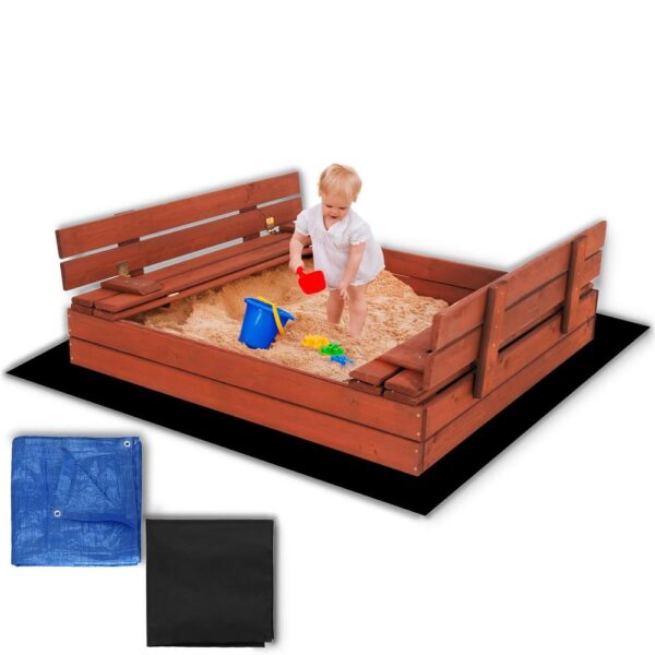Lada nisip din lemn pliabila cu capac si bancute, 120x120x41 cm, maro - imagine 3