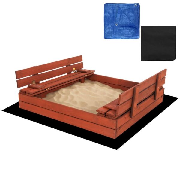 Lada nisip din lemn pliabila cu capac si bancute, 120x120x41 cm, maro - imagine 6