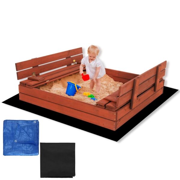 Lada nisip din lemn pliabila cu capac si bancute, 120x120x41 cm, maro - imagine 7