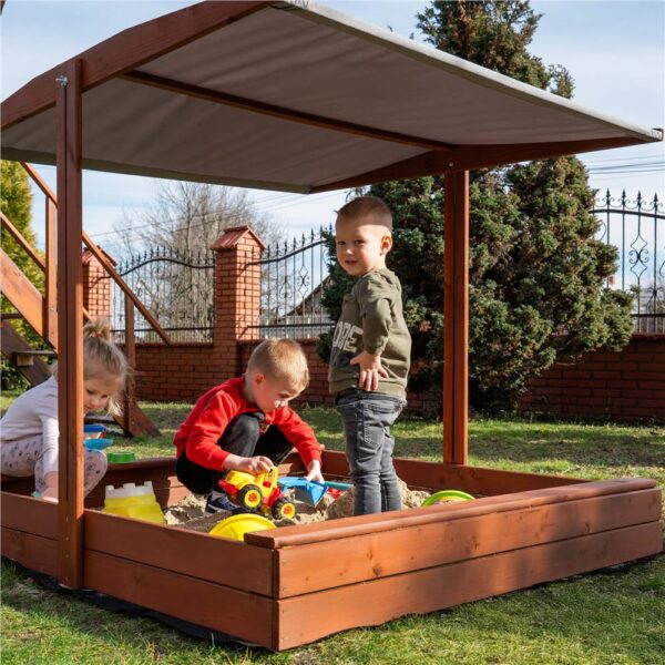 Lada nisip din lemn cu acoperis reglabil, 140x140x121 cm, maro - imagine 9