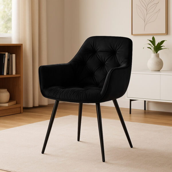Fotoliu catifea tapitat, cu spatar inalt si design cu cusaturi, 55x60x89 cm, negru - imagine 3
