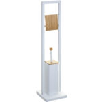 Suport WC cu perie 5Five Natureo, cu suport hartie igienica, metal si bambus, 20x20x80 cm, alb