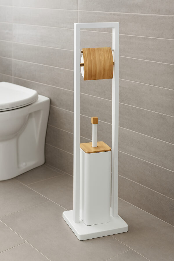 Suport WC cu perie 5Five Natureo, cu suport hartie igienica, metal si bambus, 20x20x80 cm, alb - imagine 2