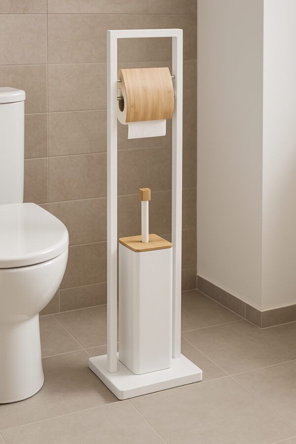 Suport WC cu perie 5Five Natureo, cu suport hartie igienica, metal si bambus, 20x20x80 cm, alb - imagine 3