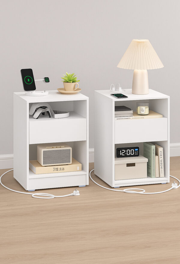 VASAGLE Set 2 noptiere cu porturi USB si prize, sertar si rafturi deschise, 45x35x58 cm, alb mat - imagine 6