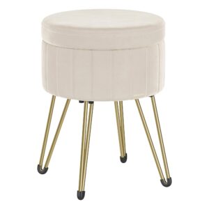 SONGMICS Taburet rotund cu spatiu de depozitare, tapitat catifea, 32x39x44 cm, crem