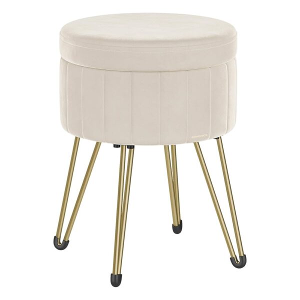 SONGMICS Taburet rotund cu spatiu de depozitare, tapitat catifea, 32x39x44 cm, crem