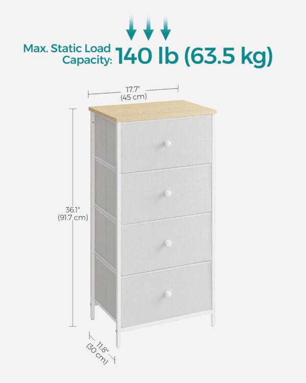 SONGMICS Comoda cu 4 sertare din material textil, cadru metalic, 45x30x91 cm, alb - imagine 3