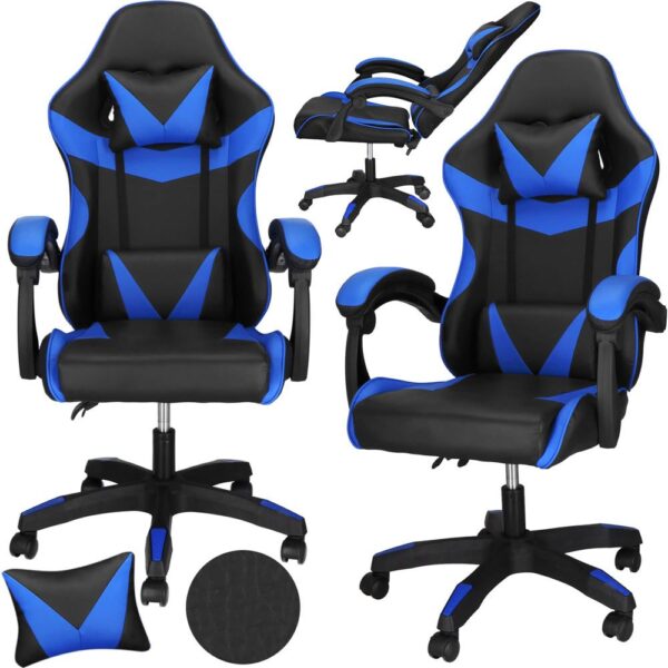 Scaun birou pentru gaming, ergonomic, suport lombar si tetiera, 114-123x55x50 cm, negru si albastru - imagine 2