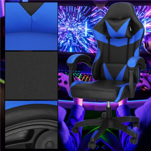 Scaun birou pentru gaming, ergonomic, suport lombar si tetiera, 114-123x55x50 cm, negru si albastru - imagine 8