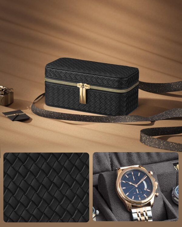 SONGMICS Cutie ceasuri Ronne Collection, pentru 3 ceasuri, piele PU aspect impletit, 10x20x9 cm, negru - imagine 2