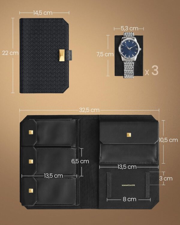 SONGMICS Cutie ceasuri Ronne Collection pentru 3 ceasuri, piele PU, cu compartiment secret, 22x15x5 cm, negru - imagine 3