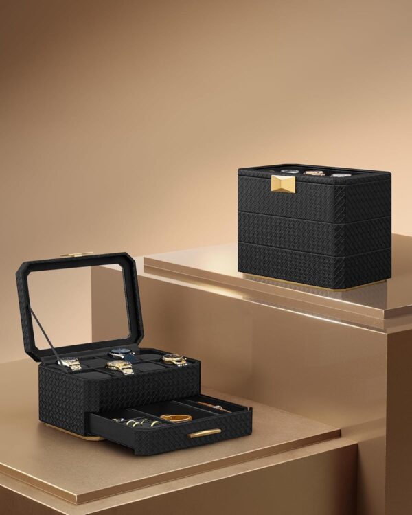 SONGMICS Cutie bijuterii si ceasuri Ronne, 3 niveluri, capac sticla, 27x20x16 cm, negru texturat - imagine 3