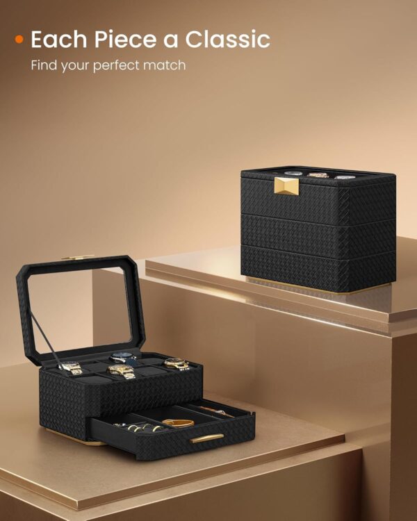 SONGMICS Cutie ceasuri Ronne Collection, 8 sloturi cu compartimente, piele PU impletita, 27x20x15 cm, negru - imagine 3