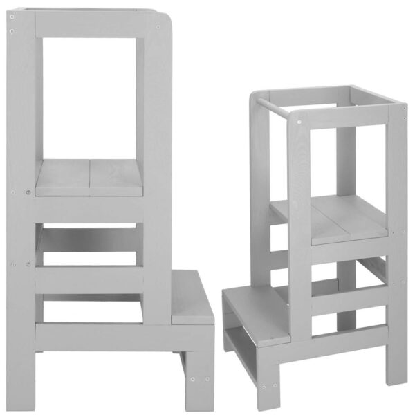 Turn de invatare inaltator multifunctional din lemn, platforma reglabila pe 3 inaltimi, 90x39x44 cm, gri - imagine 2