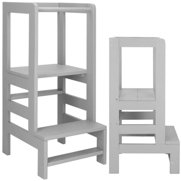 Turn de invatare inaltator multifunctional din lemn, platforma reglabila pe 3 inaltimi, 90x39x44 cm, gri - imagine 5