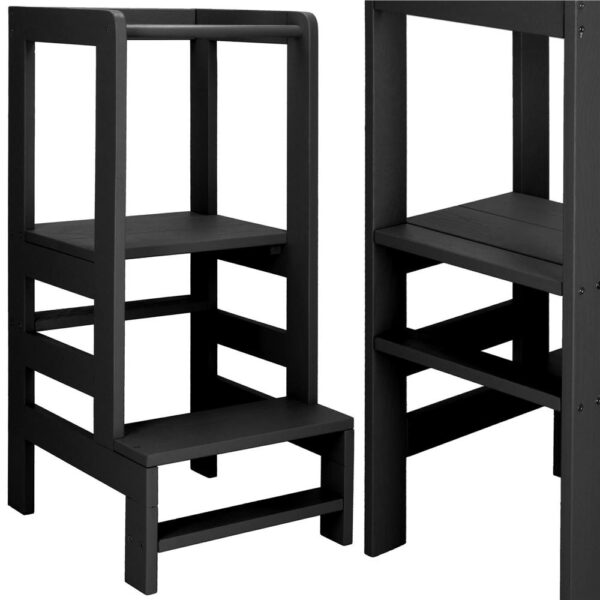 Turn de invatare inaltator multifunctional din lemn, platforma reglabila pe 3 inaltimi, 90x39x44 cm, negru - imagine 4