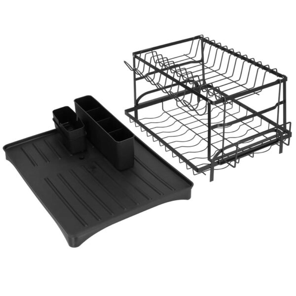 Suport vase 2 niveluri cu tava scurgere si suport tacamuri, 42x30x31,5 cm, negru - imagine 19