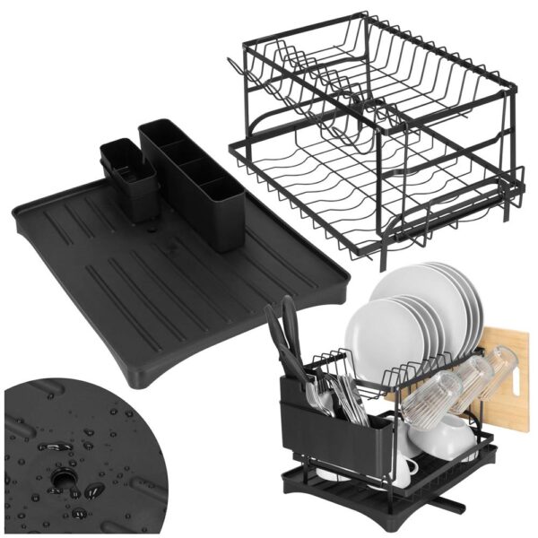 Suport vase 2 niveluri cu tava scurgere si suport tacamuri, 42x30x31,5 cm, negru - imagine 3