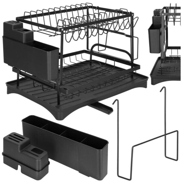 Suport vase 2 niveluri cu tava scurgere si suport tacamuri, 42x30x31,5 cm, negru - imagine 5