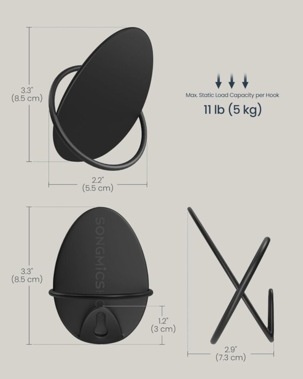 SONGMICS Set 4 carlige perete, design oval din otel, 5 kg per carlig, 9x5x7 cm, negru - imagine 3