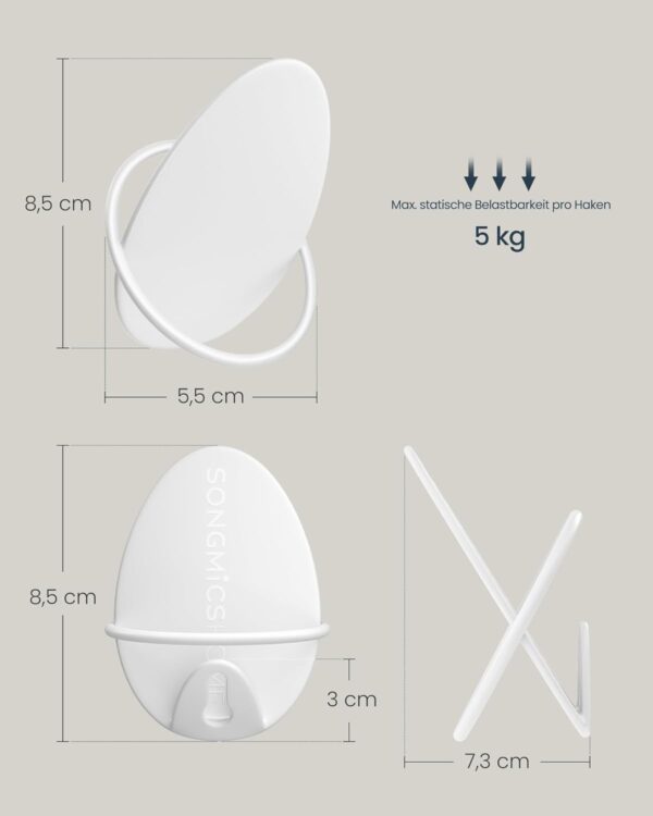 SONGMICS Set 4 carlige perete, design oval din otel, 5 kg per carlig, 9x5x7 cm, alb perlat - imagine 5
