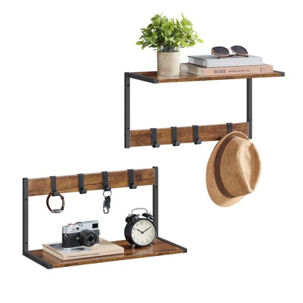 VASAGLE Cuier perete set 2 bucati, PAL si cadru metalic, 50x24x27 cm, maro rustic - imagine 3