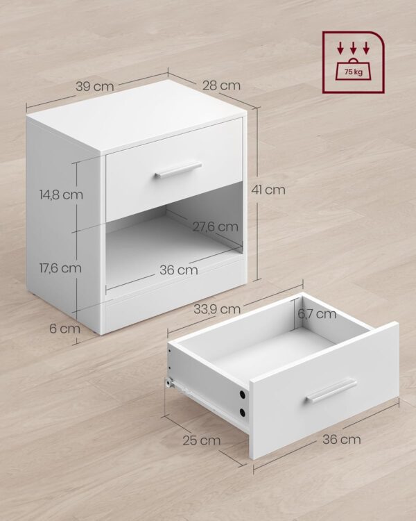 VASAGLE Set 2 noptiere, cu sertar si compartiment deschis, PAL, 28x39x41 cm, alb - imagine 3