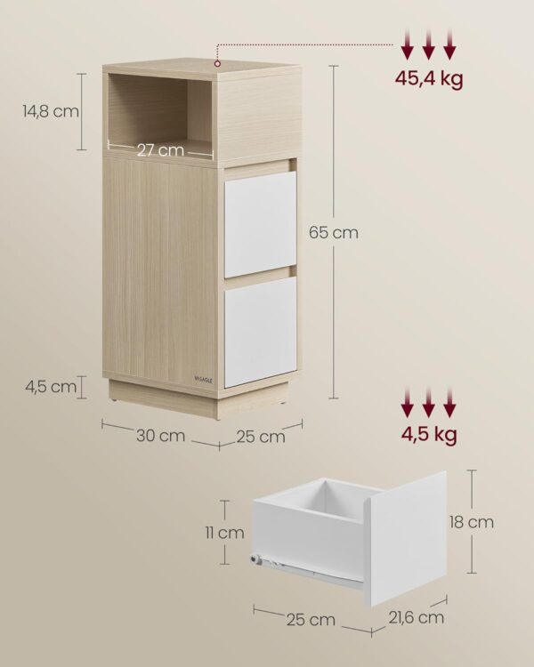 VASAGLE Set 2 noptiere inguste, cu 2 sertare si compartiment deschis, PAL si MDF, 30x25x65 cm, bej si alb - imagine 3