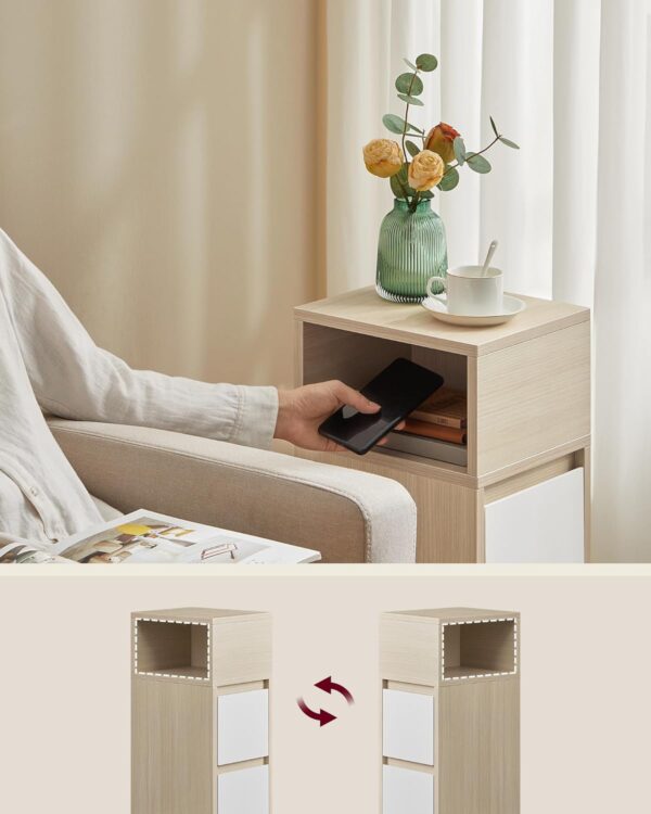 VASAGLE Set 2 noptiere inguste, cu 2 sertare si compartiment deschis, PAL si MDF, 30x25x65 cm, bej si alb - imagine 4