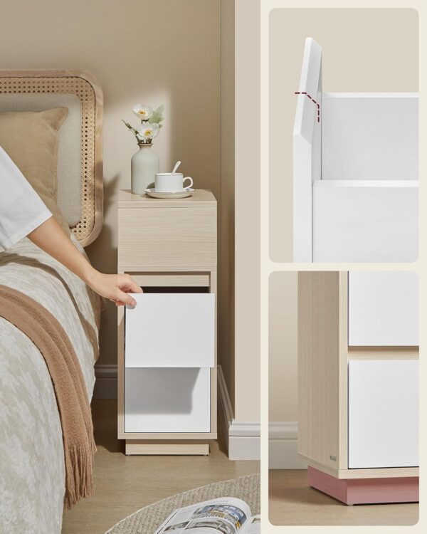 VASAGLE Set 2 noptiere inguste, cu 2 sertare si compartiment deschis, PAL si MDF, 30x25x65 cm, bej si alb - imagine 5