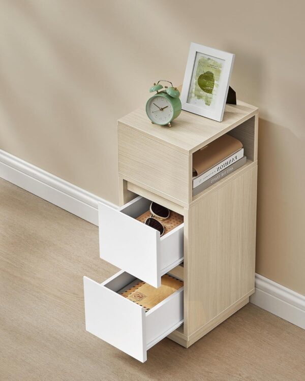 VASAGLE Set 2 noptiere inguste, cu 2 sertare si compartiment deschis, PAL si MDF, 30x25x65 cm, bej si alb - imagine 6